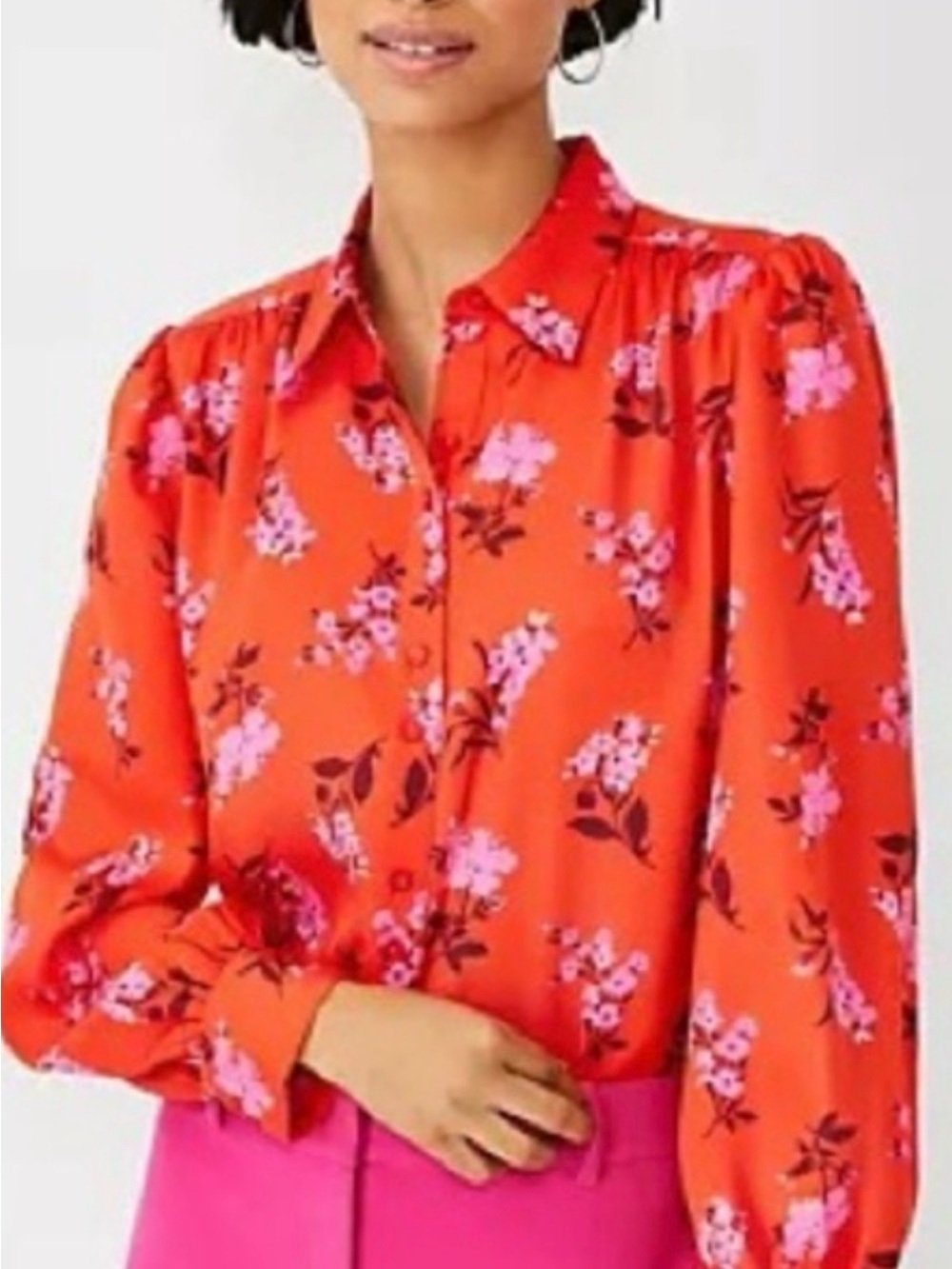 Ann Taylor Women's Orange/Pink Floral Collared Button-Up Long Sleeve Blouse L